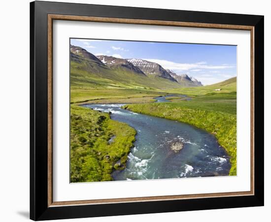 Scenic Landscape of River and Mountains in Svarfadardalur Valley in Northern Iceland-Joan Loeken-Framed Photographic Print