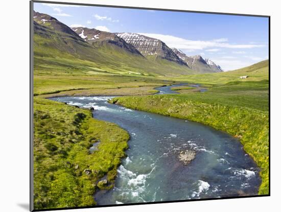 Scenic Landscape of River and Mountains in Svarfadardalur Valley in Northern Iceland-Joan Loeken-Mounted Photographic Print