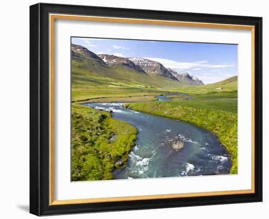 Scenic Landscape of River and Mountains in Svarfadardalur Valley in Northern Iceland-Joan Loeken-Framed Photographic Print