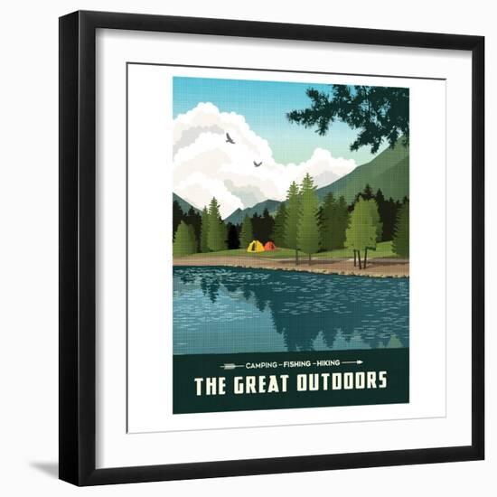 Scenic Landscape with Mountains, Forest and Lake with Camping Tents. Summer Travel Poster or Sticke-teddyandmia-Framed Photographic Print