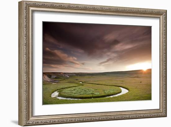 Scenic Shot Of The Sunset And A Bison Grazing Alongside A Circular Stream In Yellowstone NP, WY-Karine Aigner-Framed Photographic Print