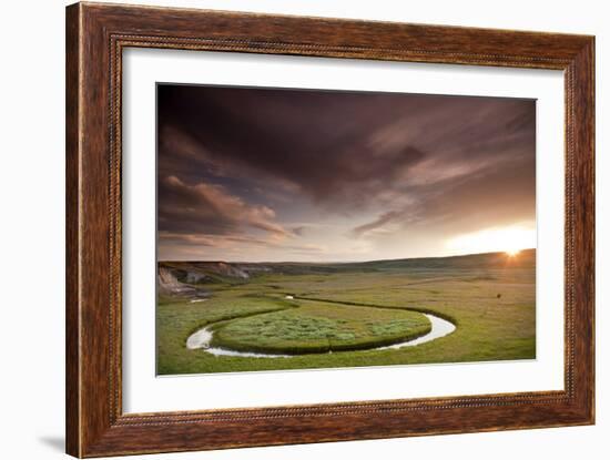 Scenic Shot Of The Sunset And A Bison Grazing Alongside A Circular Stream In Yellowstone NP, WY-Karine Aigner-Framed Photographic Print