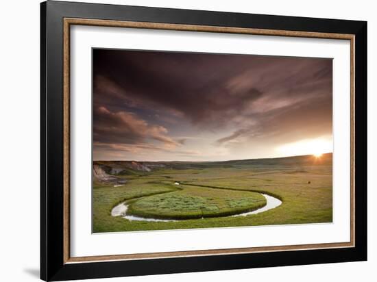 Scenic Shot Of The Sunset And A Bison Grazing Alongside A Circular Stream In Yellowstone NP, WY-Karine Aigner-Framed Photographic Print