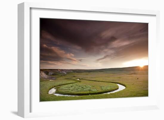 Scenic Shot Of The Sunset And A Bison Grazing Alongside A Circular Stream In Yellowstone NP, WY-Karine Aigner-Framed Photographic Print