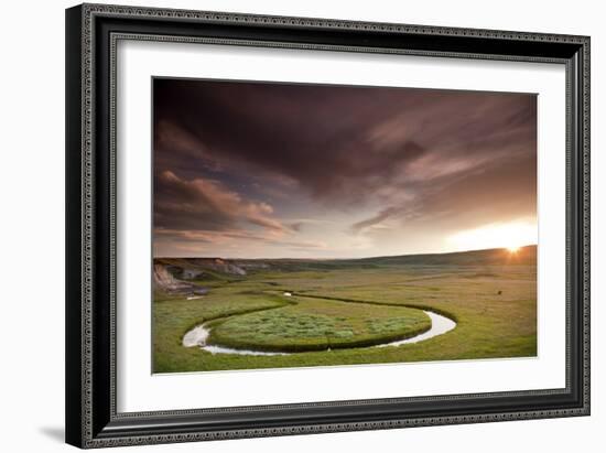 Scenic Shot Of The Sunset And A Bison Grazing Alongside A Circular Stream In Yellowstone NP, WY-Karine Aigner-Framed Photographic Print