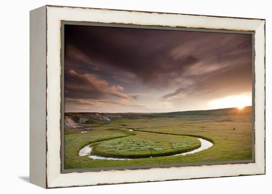 Scenic Shot Of The Sunset And A Bison Grazing Alongside A Circular Stream In Yellowstone NP, WY-Karine Aigner-Framed Premier Image Canvas