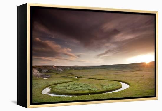 Scenic Shot Of The Sunset And A Bison Grazing Alongside A Circular Stream In Yellowstone NP, WY-Karine Aigner-Framed Premier Image Canvas