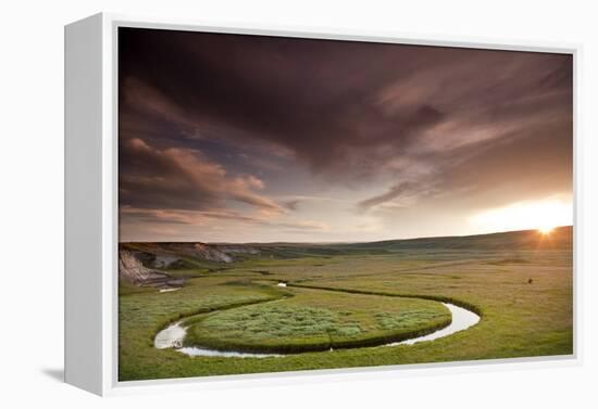 Scenic Shot Of The Sunset And A Bison Grazing Alongside A Circular Stream In Yellowstone NP, WY-Karine Aigner-Framed Premier Image Canvas