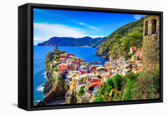 Scenic View of Colorful Village Vernazza and Ocean Coast in Cinque Terre, Italy-Martin M303-Framed Premier Image Canvas