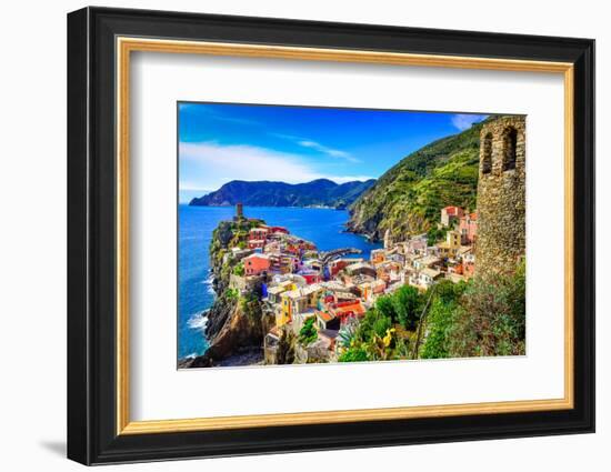 Scenic View of Colorful Village Vernazza and Ocean Coast in Cinque Terre, Italy-Martin M303-Framed Photographic Print