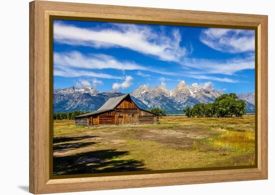 Scenic View of Grand Teton with Old Wooden Farm-MartinM303-Framed Premier Image Canvas