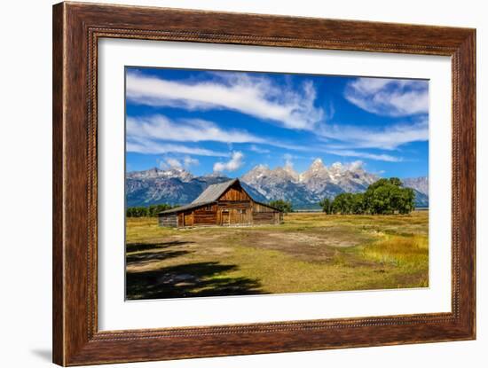 Scenic View of Grand Teton with Old Wooden Farm-MartinM303-Framed Photographic Print