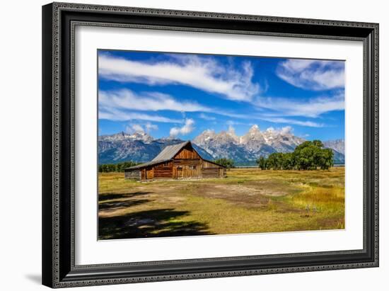 Scenic View of Grand Teton with Old Wooden Farm-MartinM303-Framed Photographic Print