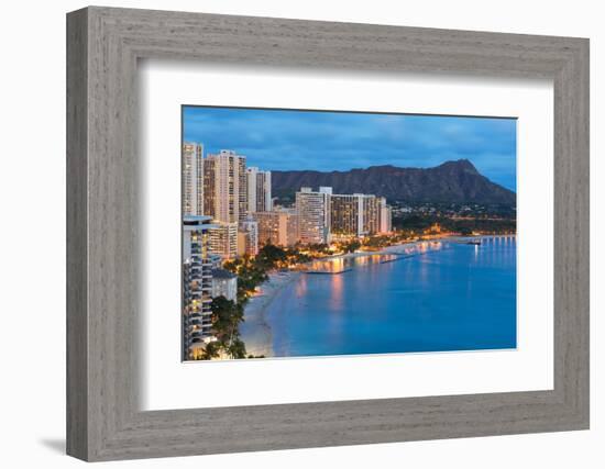 Scenic View of Honolulu City, Diamond Head and Waikiki Beach at Night; Hawaii, USA-SergiyN-Framed Photographic Print