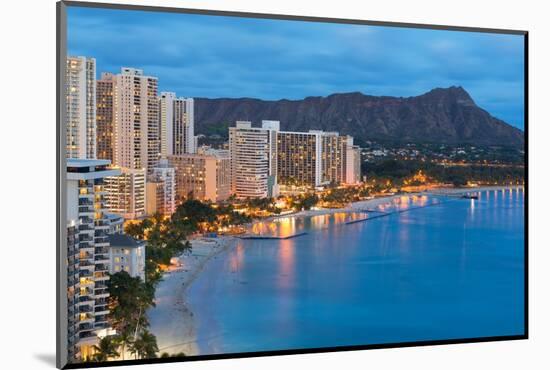 Scenic View of Honolulu City, Diamond Head and Waikiki Beach at Night; Hawaii, USA-SergiyN-Mounted Photographic Print