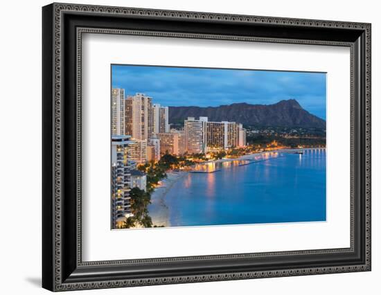 Scenic View of Honolulu City, Diamond Head and Waikiki Beach at Night; Hawaii, USA-SergiyN-Framed Photographic Print