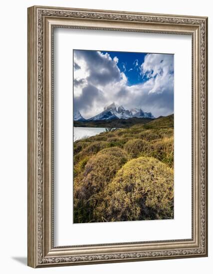 Scenic view of Los Cuernos mountain peaks from shore of Lago Pehoe-Jan Miracky-Framed Photographic Print