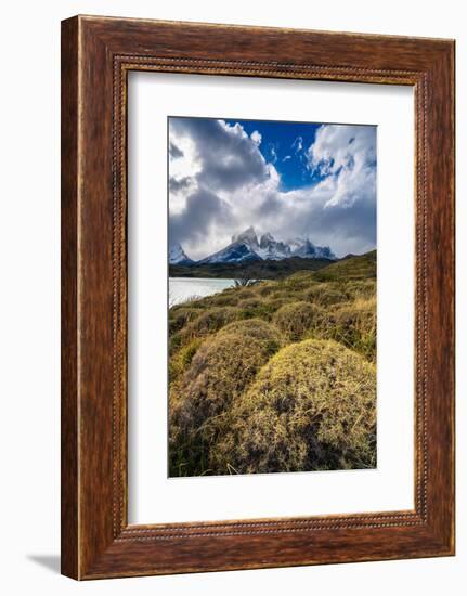 Scenic view of Los Cuernos mountain peaks from shore of Lago Pehoe-Jan Miracky-Framed Photographic Print