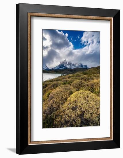 Scenic view of Los Cuernos mountain peaks from shore of Lago Pehoe-Jan Miracky-Framed Photographic Print