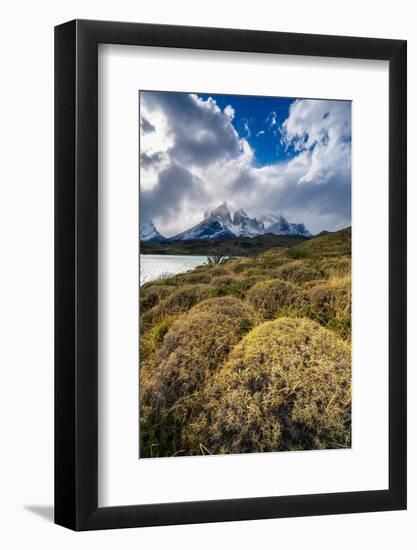 Scenic view of Los Cuernos mountain peaks from shore of Lago Pehoe-Jan Miracky-Framed Photographic Print