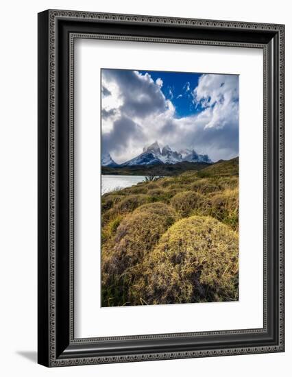Scenic view of Los Cuernos mountain peaks from shore of Lago Pehoe-Jan Miracky-Framed Photographic Print