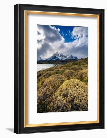 Scenic view of Los Cuernos mountain peaks from shore of Lago Pehoe-Jan Miracky-Framed Photographic Print