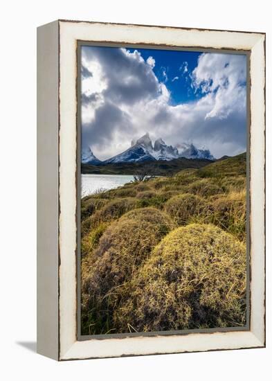 Scenic view of Los Cuernos mountain peaks from shore of Lago Pehoe-Jan Miracky-Framed Premier Image Canvas