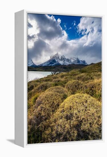 Scenic view of Los Cuernos mountain peaks from shore of Lago Pehoe-Jan Miracky-Framed Premier Image Canvas