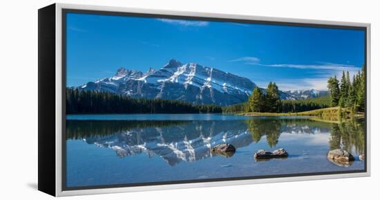 Scenic view of Mount Rundle reflected in Two Jack Lake, Banff National Park, Alberta, Canada-null-Framed Premier Image Canvas