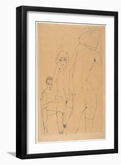 Schiele with Nude Model before the Mirror, 1910 (Pencil on Paper)-Egon Schiele-Framed Giclee Print