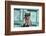 Schnauzer sitting in front of blue door-Zandria Muench Beraldo-Framed Photographic Print