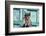 Schnauzer sitting in front of blue door-Zandria Muench Beraldo-Framed Photographic Print