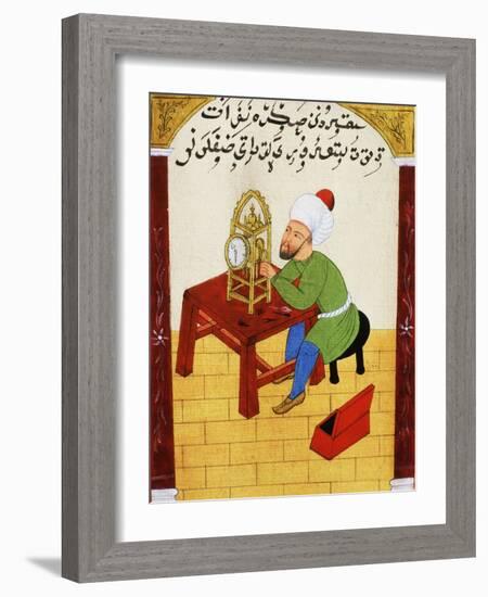 Scholar Studying the Workings of a Clock, Ottoman Manuscript, 17th century-null-Framed Giclee Print