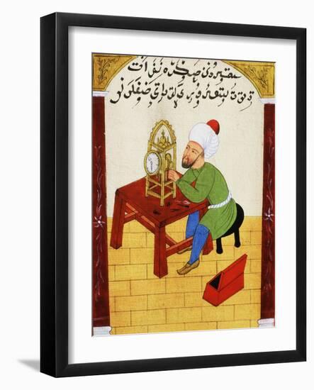 Scholar Studying the Workings of a Clock, Ottoman Manuscript, 17th century-null-Framed Giclee Print