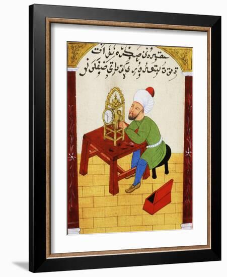 Scholar Studying the Workings of a Clock, Ottoman Manuscript, 17th century-null-Framed Giclee Print