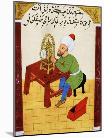 Scholar Studying the Workings of a Clock, Ottoman Manuscript, 17th century-null-Mounted Giclee Print