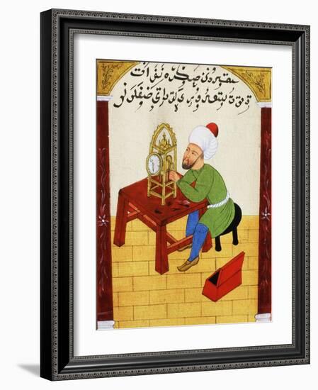 Scholar Studying the Workings of a Clock, Ottoman Manuscript, 17th century-null-Framed Giclee Print