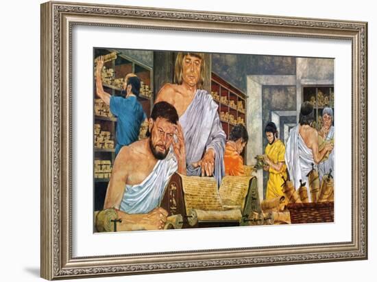 Scholars at Work in the Famed Library of Alexandria-Richard Hook-Framed Giclee Print