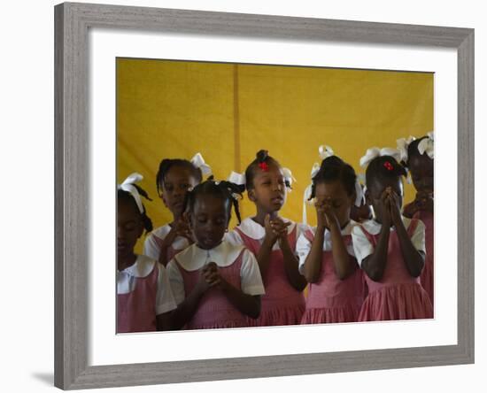 School Girls Pray before Class at the Sacred Heart of Turgeau School in Port-Au-Prince-null-Framed Photographic Print