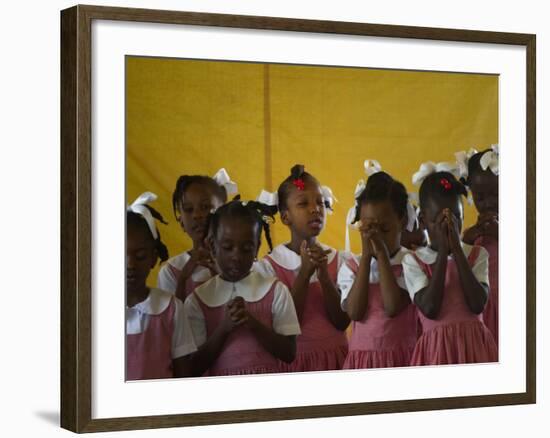 School Girls Pray before Class at the Sacred Heart of Turgeau School in Port-Au-Prince-null-Framed Photographic Print