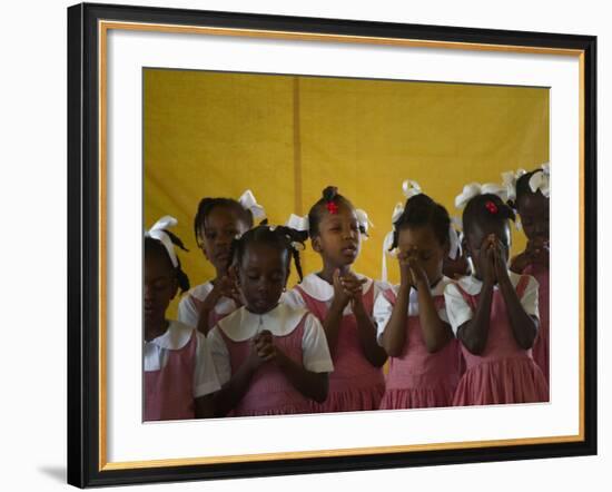 School Girls Pray before Class at the Sacred Heart of Turgeau School in Port-Au-Prince-null-Framed Photographic Print