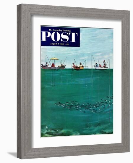 "School of Fish Among Lines" Saturday Evening Post Cover, August 7, 1954-Thornton Utz-Framed Giclee Print