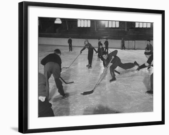 Schoolboys Playing Ice Hockey-Ralph Morse-Framed Premium Photographic Print