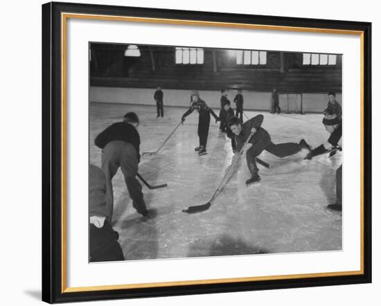 Schoolboys Playing Ice Hockey-Ralph Morse-Framed Premium Photographic Print