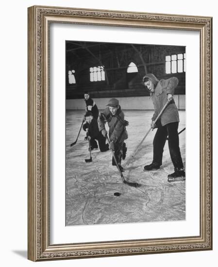 Schoolboys Playing Ice Hockey-null-Framed Photographic Print