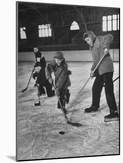 Schoolboys Playing Ice Hockey-null-Mounted Photographic Print