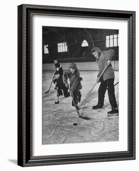 Schoolboys Playing Ice Hockey-null-Framed Photographic Print