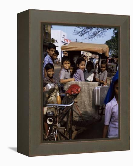 Schoolchildren in Cycle Rickshaw, Aleppey, Kerala State, India-Jenny Pate-Framed Premier Image Canvas