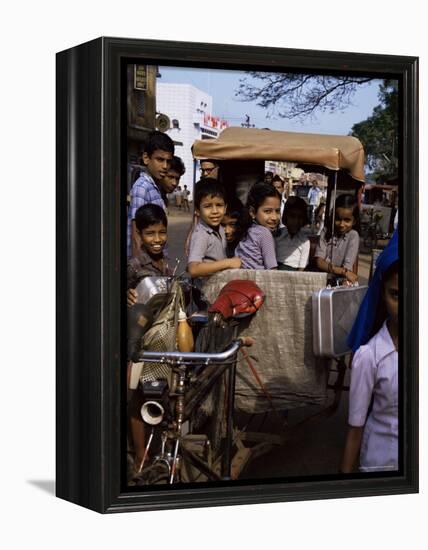 Schoolchildren in Cycle Rickshaw, Aleppey, Kerala State, India-Jenny Pate-Framed Premier Image Canvas