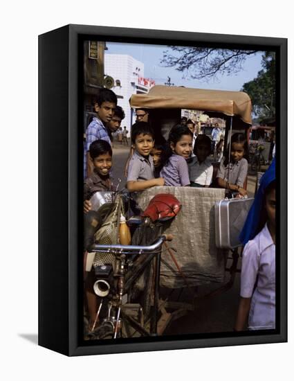 Schoolchildren in Cycle Rickshaw, Aleppey, Kerala State, India-Jenny Pate-Framed Premier Image Canvas